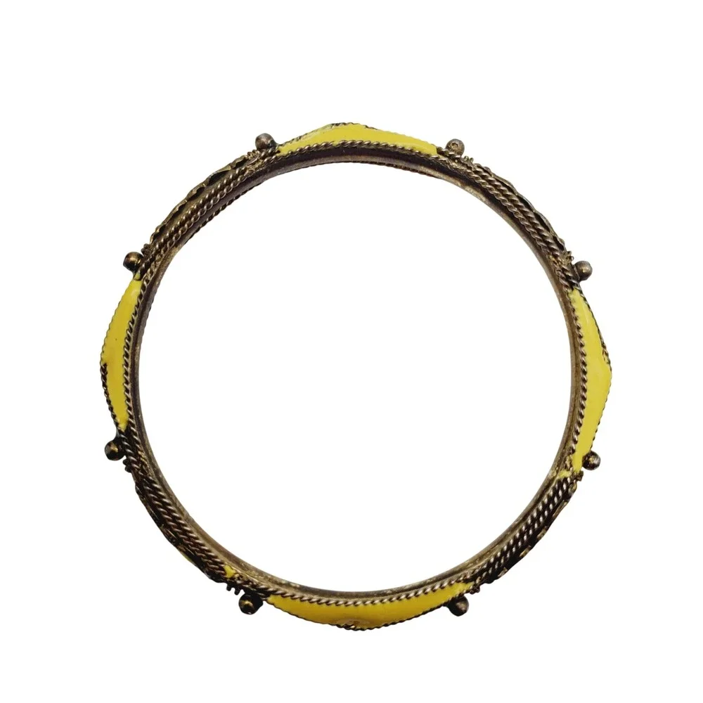 Vintage‎ Bangle Bracelet Black Yellow Enamel Harlequin Diamond Pattern Geometric